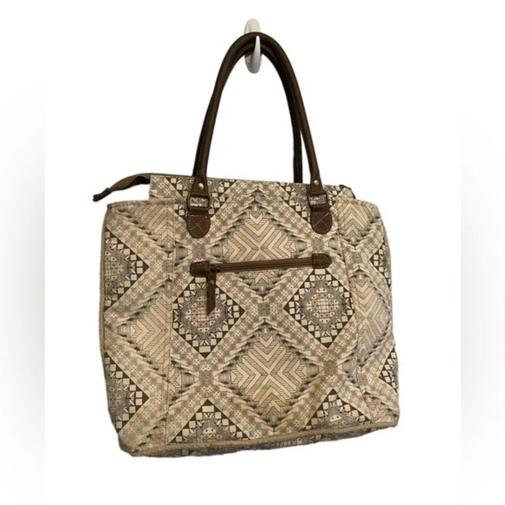 MYRA BAG S-0845 ARTISAN TOTE CANVAS TOTE LEATHER HANDLE TOTE